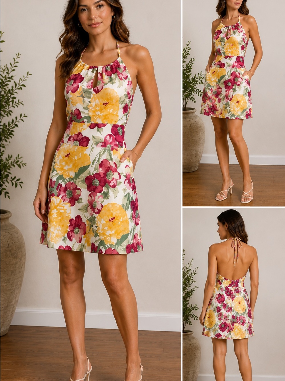 Ann Taylor LOFT Petites 12P 100% Silk Floral Halter Dress NWOT Keyhole Summer